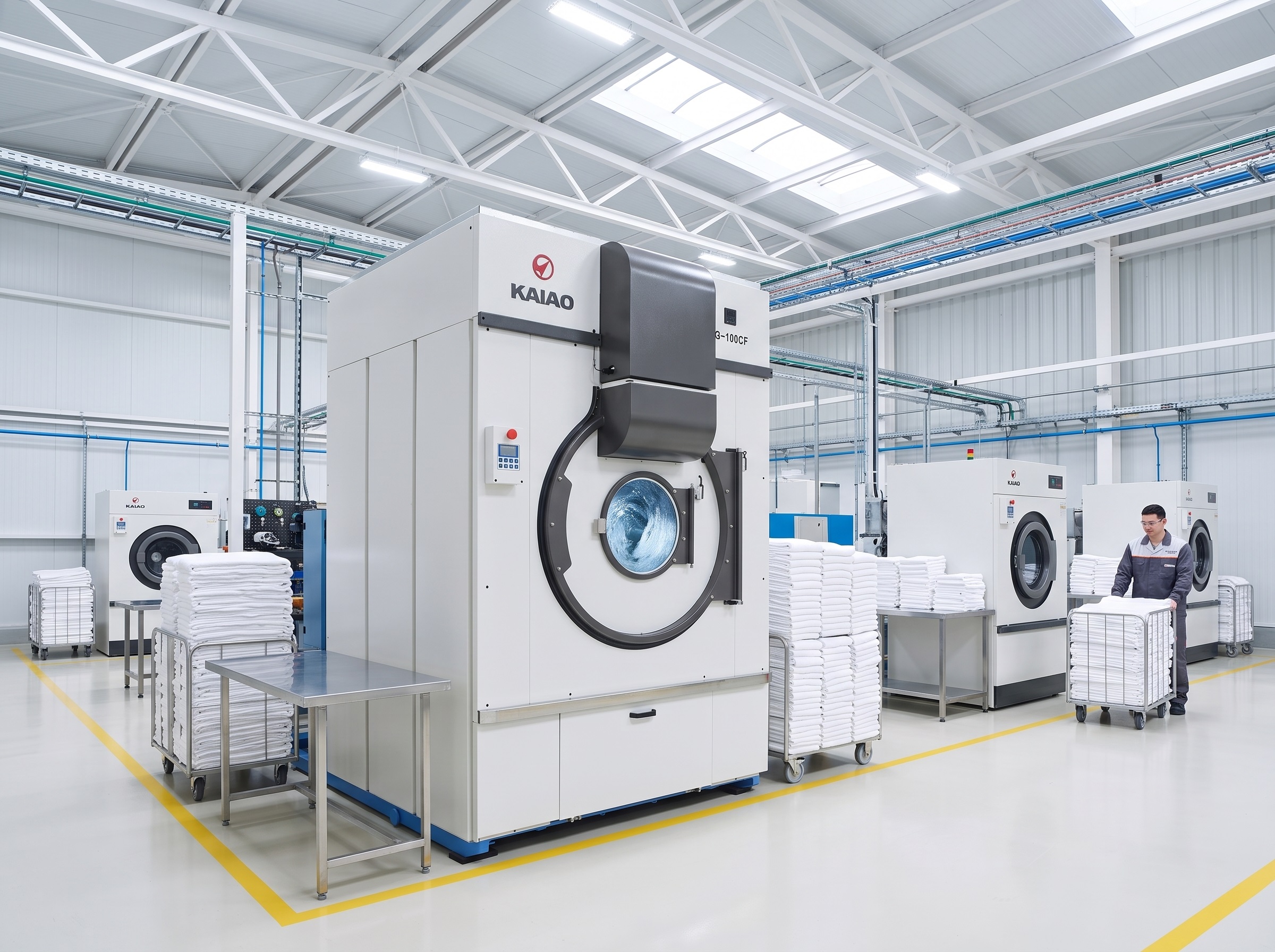 What is the drying efficiency of a direct-fired gas dryer?" Modern industrial laundry workshop with commercial dryers